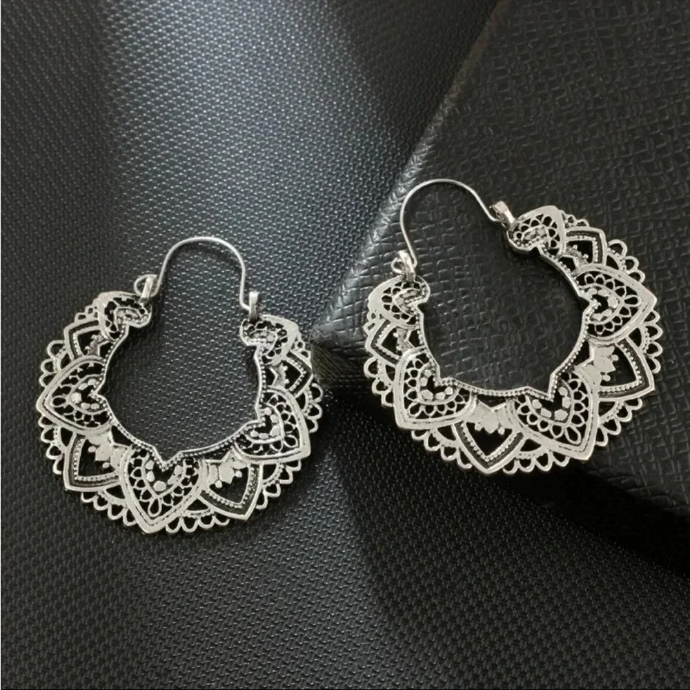 Women's Bohemian Silver Lotus Hollow Out Hoop Earrings